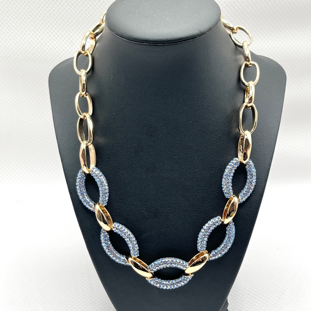 Park Lane Splash Necklace Blue Pave CZs Link Gold Tone Sparkly 20"